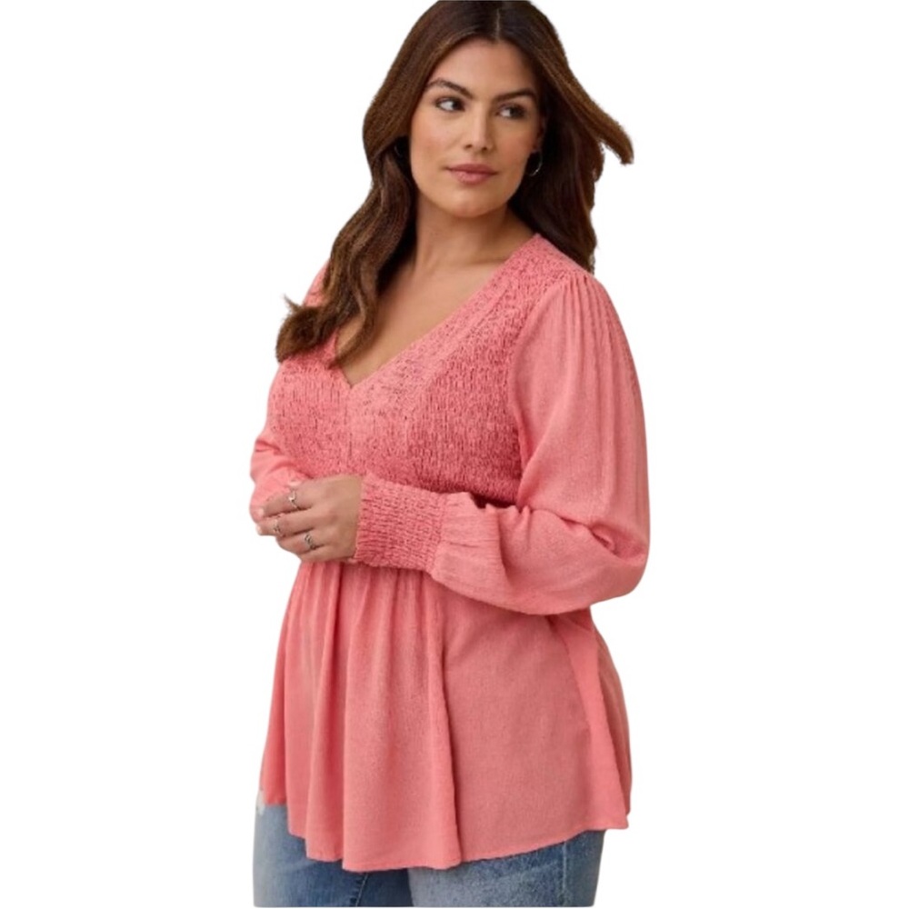 TORRID women's plus size 4X Babydoll Crinkle Gauze Smocked pink top shirt